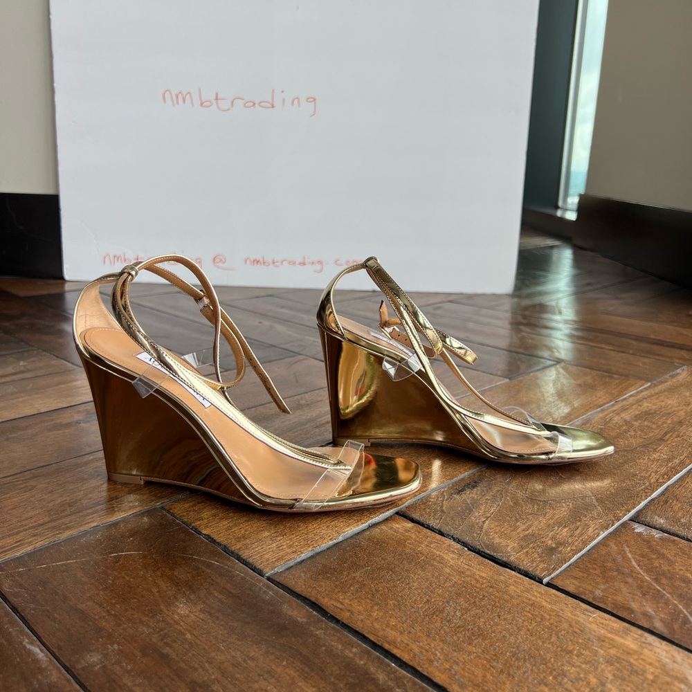 Aquazzura glossy gold metallic leather size 8M(38) strappy wedge heel sandals - Picture 6 of 16